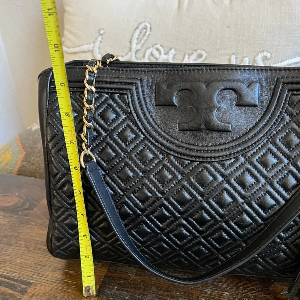 Tory Burch Fleming Quilted Black Leather Chain Straps Tassel Shoulder Bag